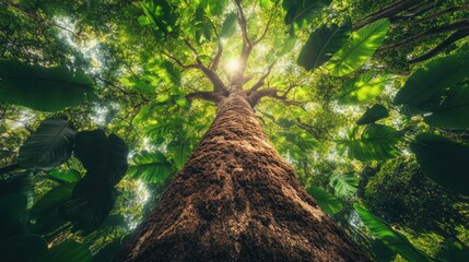Majestic Tree Reaching Towards Sunlight in Lush Green Forest