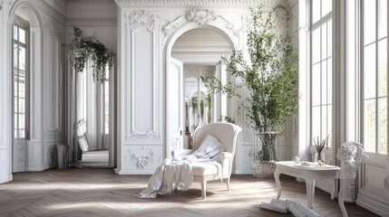 Elegant chaise lounge in sunlit French palace interior