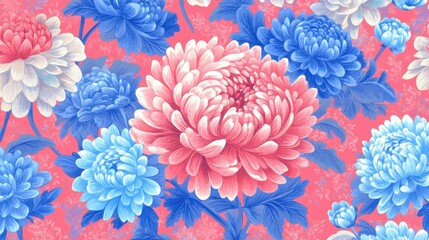 Colorful Floral Pattern Featuring Chrysanthemum Flowers on Pink Background