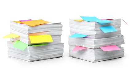 Stacks of White Papers with Colorful Sticky Notes for Organization