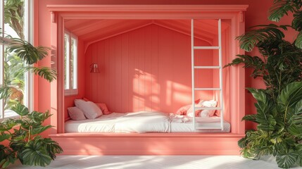Cozy coral bedroom with plants and natural light in modern design
