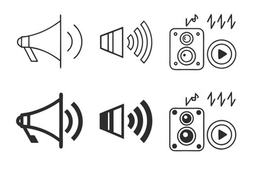 Minimalist speaker icons, black and white design, volume symbols, megaphone illustrations, sound wave indicators, simple geometric shapes, user interface elements, audio control pictograms, vector gra