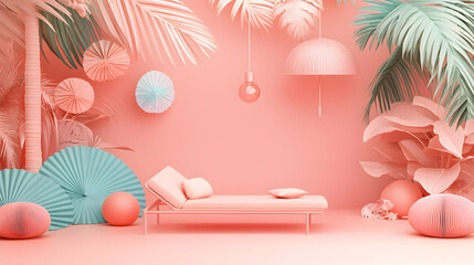 Pink pastel room, daybed, tropical plants, hanging lamp, decorative fans, relaxing scene, ideal for wellness or travel ads