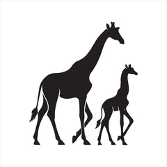 Baby giraffe next to its parent silhouette vector illustration clipart black color design and solid white background