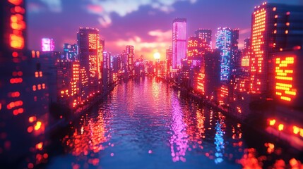 Obraz premium Neon Cityscape at Sunset: A Digital Masterpiece