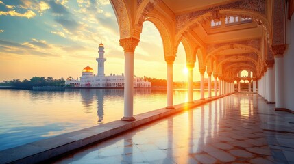 Serene Sunset over Reflection in Grand Architectural Structure