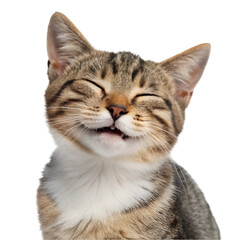cute, adorable cat having cute smile on its face with closed eyes on white background
