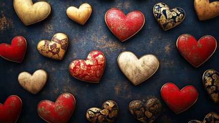 Fototapeta premium Scattered Decorative Hearts on Dark Background