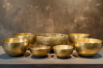 Seven various sized golden bowls with hammered texture displayed on wooden table against brown wall