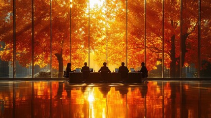 Naklejka premium Meeting Room with Stunning Autumn View through Glass Walls
