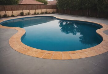 In the backyard, there is a large swimming pool that includes a bench