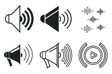 Minimalist speaker icons, black and white design, volume symbols, megaphone illustrations, sound wave indicators, simple geometric shapes, user interface elements, audio control pictograms, vector gra