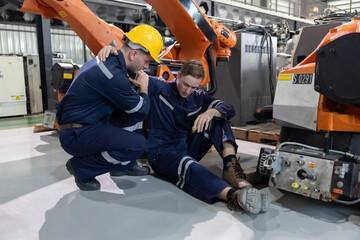 Injured worker getting help from his college after fainted on the floor in a factory