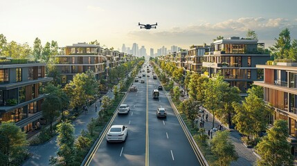 Obraz premium Drone Delivery over Eco-Friendly Cityscape