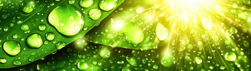 Sunlit Dew on Leafy Green Background - Nature's Morning Radiance