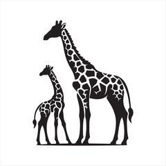 Baby giraffe next to its parent silhouette vector illustration clipart black color design and solid white background