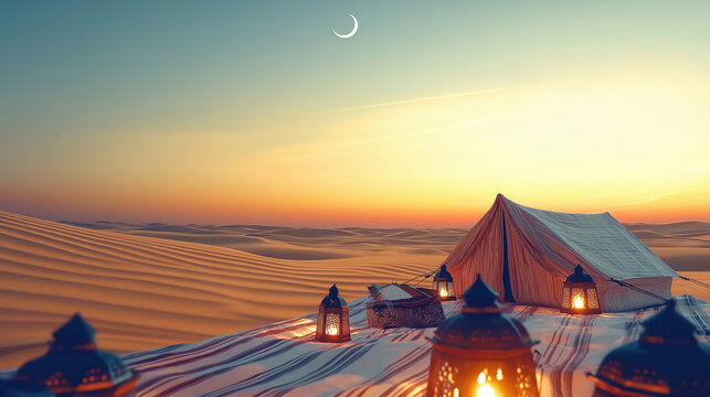 Tranquil desert sunset with illuminated tent and lanterns