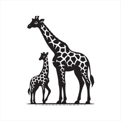 Fototapeta premium Baby giraffe next to its parent silhouette vector illustration clipart black color design and solid white background