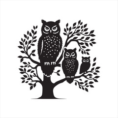 Owl family in a tree silhouette vector illustration clipart black color design and solid white background