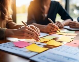 Generated image Team hands working with sticky notes on table, creative meeting concept, blurred background
