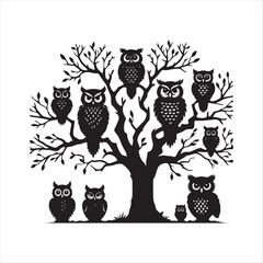 Owl family in a tree silhouette vector illustration clipart black color design and solid white background