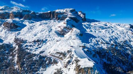Gruppo del Sella and the famous Sellaronda ski circuit shine in this breathtaking winter aerial...