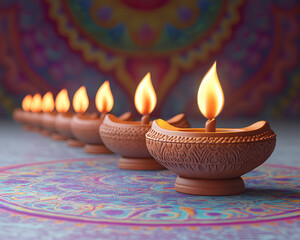 Rows of intricately designed clay lamps glowing in a dimly lit ambiance, casting soft shadows on a decorated floor with colorful rangoli patterns. 
