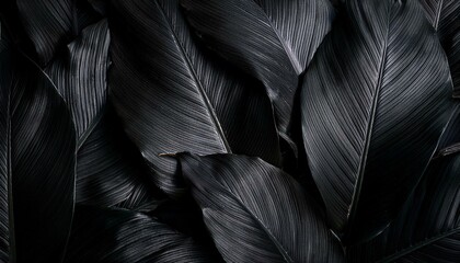Obraz premium Generated image Textures of abstract black leaves for tropical leaf background. Flat lay, dark nature concept