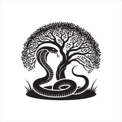 Snake coiled around a tree  silhouette vector illustration clipart black color design and solid white background 