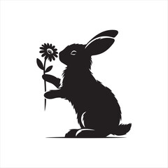 Bunny sniffing flower silhouette vector illustration clipart black color design and solid white background 