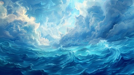 A painting of a blue ocean with clouds in the sky