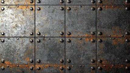Fototapeta premium Industrial-style wallpaper featuring aged metal sheets with rivets and rust details, creating a raw, textured look that adds a vintage, rugged charm to modern interior design. 