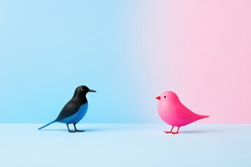 Contrasting colorful toy birds on pastel background