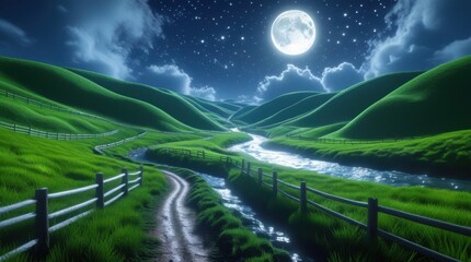 "A serene countryside landscape under a luminous full moon. The scene features a winding dirt path lined with wooden fences, leading through rolling green hills. A meandering river cuts through...