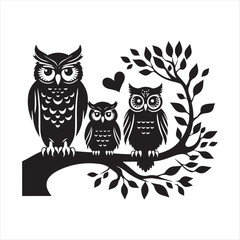 Owl family in a tree silhouette vector illustration clipart black color design and solid white background