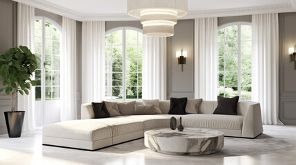 A luxurious dining room featuring a large marble dining table, sleek leather chairs with gold accents