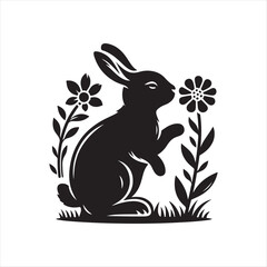 Bunny sniffing flower silhouette vector illustration clipart black color design and solid white background 