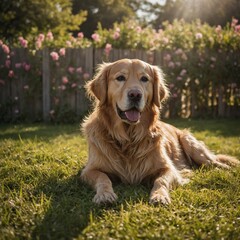 Obraz premium Closeup of Golden Retriever Dog Breed. A cute golden retriever is sitting and paying attention during a long and demanding hiking trip in Norway in early spring