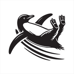 Penguin sliding on its belly silhouette vector illustration clipart black color design and solid white background 