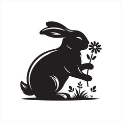 Bunny sniffing flower silhouette vector illustration clipart black color design and solid white background 