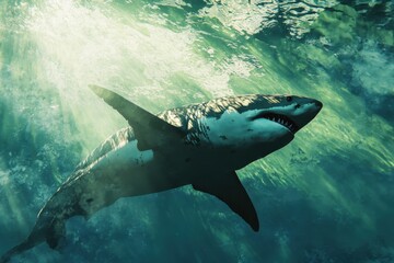 Fototapeta premium Great White Shark Breaching Water Surface in Dramatic Shot