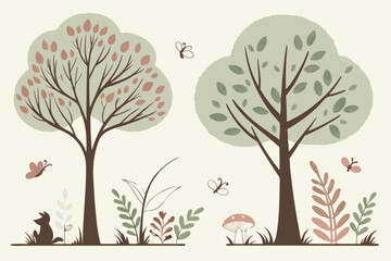 Fototapeta premium Minimalist tree illustrations, flat design, pastel color palette, geometric shapes, variety of tree species, stylized nature icons, simple vector graphics, cute forest elements, rounded shapes, abstra