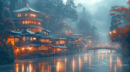 Fototapeta premium Misty Mountain Village at Night