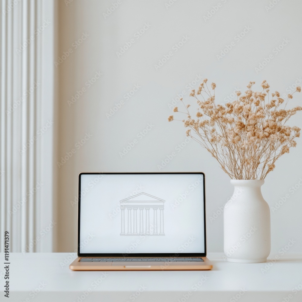 Poster minimalist workspace with laptop displaying e-governance portal in soft natural lighting