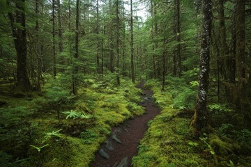 Obraz premium Forest path, lush green moss, tall trees.