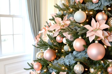 Stylish Christmas tree decorated in dusty pink and cream with blue-gray garlands and warm lights creating a festive atmosphere in a cozy room