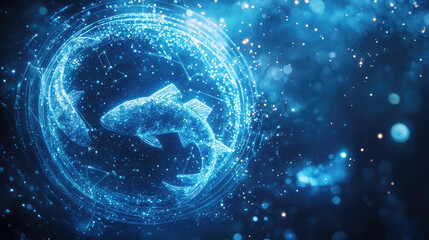 Pisces zodiac sign against horoscope wheel. Astrology calendar. Esoteric horoscope and fortune telling concept