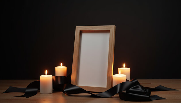 A mockup frame set in an elegant arrangement with candles, providing a serene backdrop for remembering a deceased loved one.