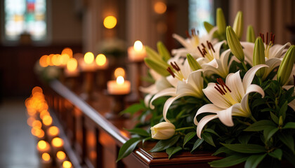 Naklejka premium A beautiful arrangement of white lilies with candles in a church chapel, reflecting tranquility and memory of the deceased.