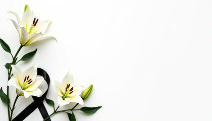 Stylish banner ready for text with white lilies and black ribbons, perfect for funeral services and memorial announcements honoring the deceased.